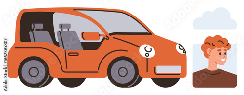 Orange car beside a smiling individual referencing user connectivity. Ideal for ride-sharing, carpooling, personal transportation, auto services, mobility tech, user profiles, simple flat metaphor