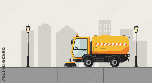 Street cleaning action urban cityscape digital illustration clean environment side view municipal maintenance. Vector illustration