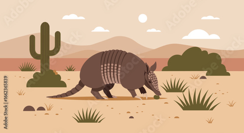 Armadillo foraging in the desert landscape digital art nature scene bright environment side view wildlife concept. Vector illustration