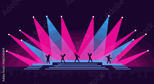Energetic dance performance under colorful stage lights concert venue digital artwork vibrant atmosphere low angle view. Vector illustration