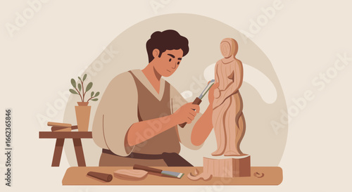 Sculpting artistry male artisan creating wooden statue studio workshop illustration warm ambience close-up view. Vector illustration