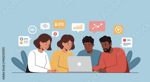 Group collaboration session office illustration digital workspace eye level teamwork and communication. Vector illustration