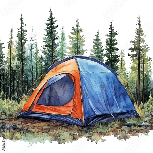 Camping Tent Summer Forest, watercolor vector, isolated on a white background.