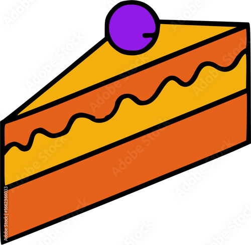A colorful graphic illustration of a slice of layered cake with a purple cherry on top.