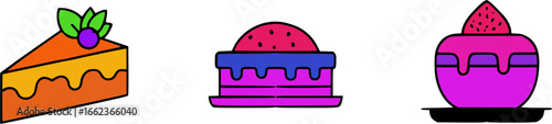 Three colorful cakes and a slice of cake.