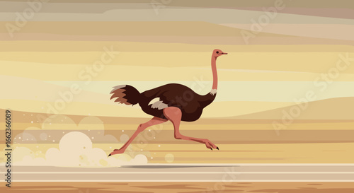 Ostrich running wild savannah landscape digital art desert environment side view motion concept. Vector illustration