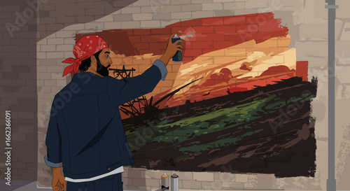 Urban artist painting mural city street digital artwork graffiti environment side view creative expression. Vector illustration