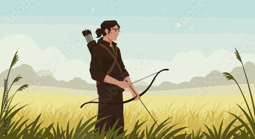 Archery action scene open field digital illustration serene environment side view adventure concept. Vector illustration