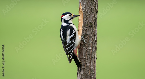 Great Spotted Woodpecker Foraging on Tree Trunk Against Green Background