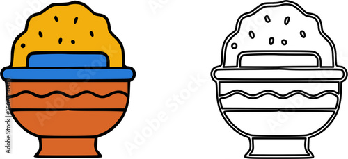 Colorful and black-and-white outline illustrations of a traditional food pot.