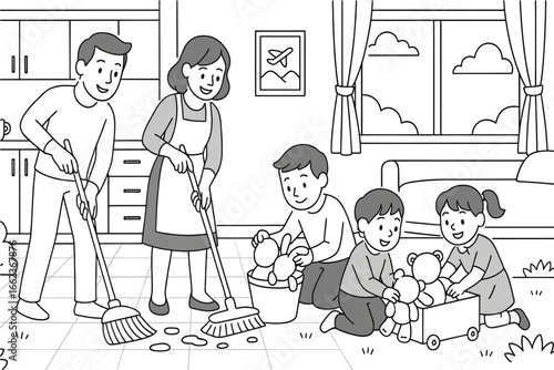 Family Cleaning House with Kids Playing Toys Coloring Book