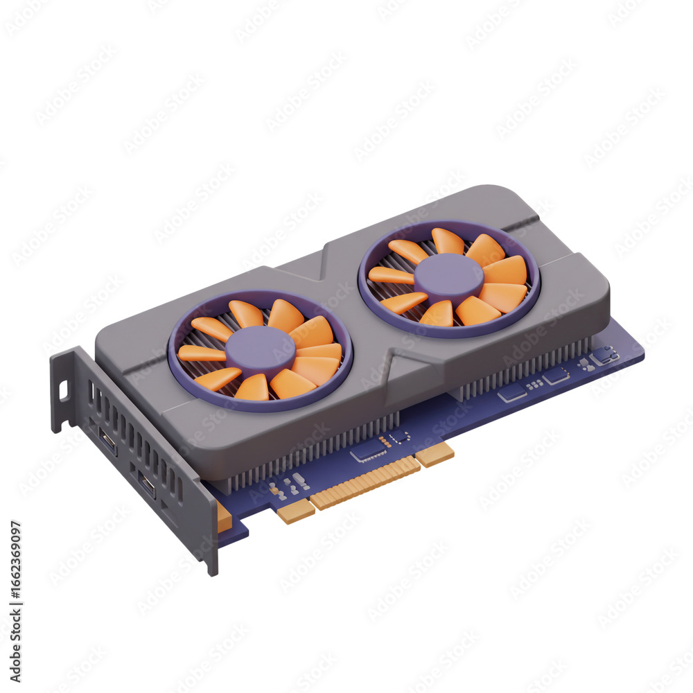 Fototapeta premium A detailed three-dimensional illustration showcases a modern computer graphics card, featuring two cooling fans and intricate internal components, perfect for technology and hardware visuals.