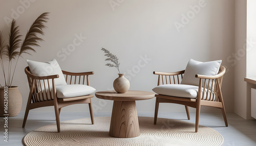 Modern minimalist living room with wooden lounge chairs, neutral beige walls, round coffee table and cozy japandi style interior