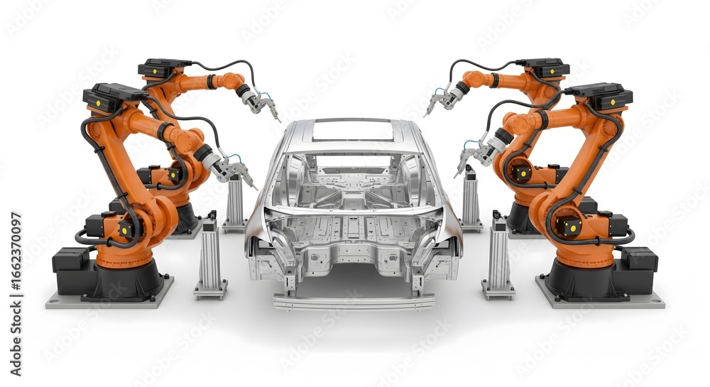 Fototapeta premium Industrial robotic arms assembling car frame, isolated on white background, advanced automation technology in automotive manufacturing and production line