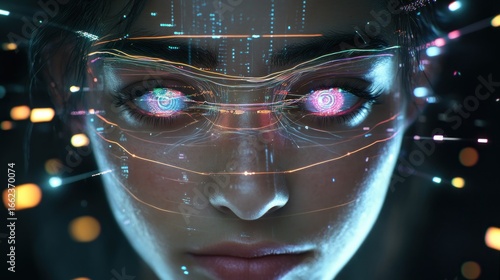 Close-up of a woman's face with glowing, digital overlays