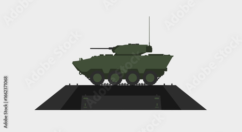 Military tank displayed on platform military base digital illustration urban environment side view defense technology. Vector illustration