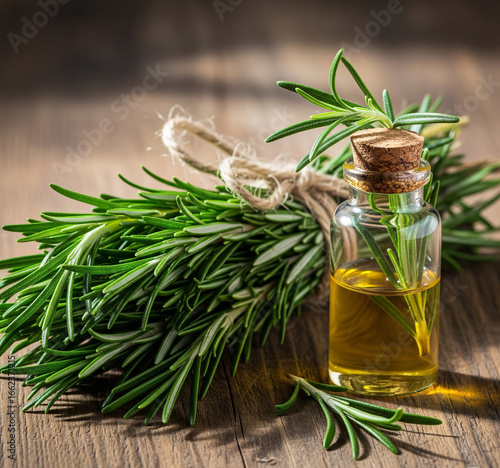 Rosemary essential oil dropper bottle fresh herbs