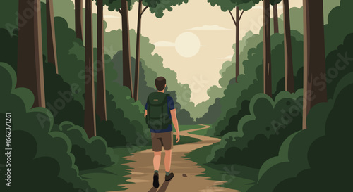 Hiking adventure in lush forest trails nature landscape scenic viewpoint tranquil environment. Vector illustration