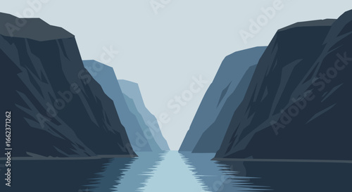 Exploring serene fjord landscapes coastal region digital art calm waters perspective nature's beauty. Vector illustration