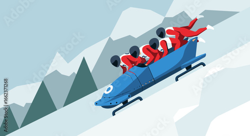 Exciting bobsled race action winter mountains sports illustration snowy environment dynamic viewpoint speed concept. Vector illustration