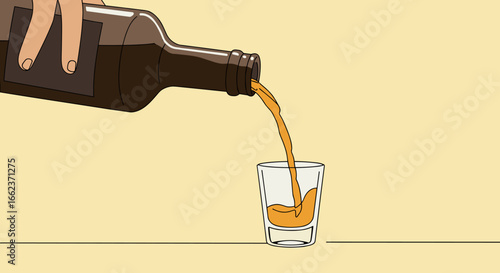 Pouring beverage into glass home bar setup beverage content warm indoor environment close-up view refreshing concept. Vector illustration