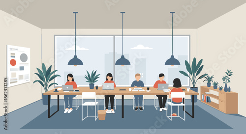 Collaborative team meeting in modern office space with natural light and plants. Vector illustration