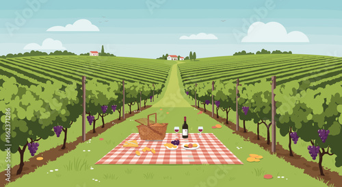 Picnic among vineyards scenic winery outdoor lifestyle tranquil environment aerial view relaxation concept. Vector illustration