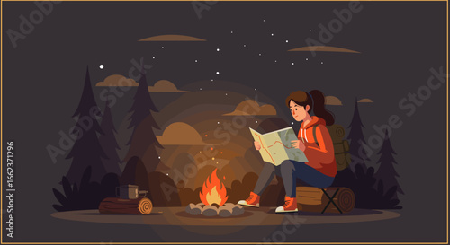 Exploring nature young girl reading a map by the campfire in a forest at night. Vector illustration