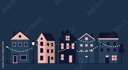 Festive decorative lights enhancing charming houses urban setting digital art nighttime atmosphere aesthetic perspective. Vector illustration