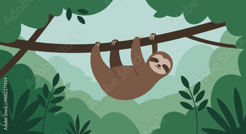 Hanging sloth observed in lush rainforest illustrative image natural habitat calm environment wildlife concept. Vector illustration