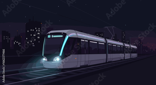 Nighttime urban commuting modern tram in cityscape digital illustration futuristic environment dynamic perspective. Vector illustration