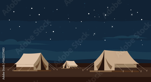 Camping under the stars tent setup in a nighttime landscape outdoor adventure tranquil environment. Vector illustration
