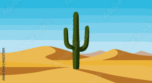 Desert landscape with a lone cactus arid environment minimalistic viewpoint nature concept. Vector illustration