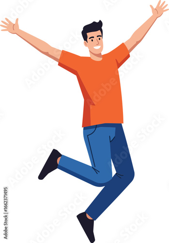 Happy young man jumping with joy wearing orange shirt and blue pants vector illustration
