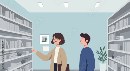 Browsing bookshelves library digital illustration indoor space eye-level viewpoint knowledge exploration. Vector illustration