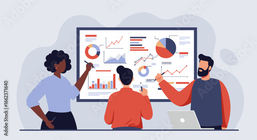 Analyzing business trends through data visualization office meeting room infographic display collaborative environment. Vector illustration