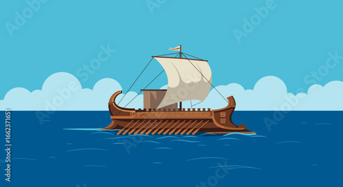 Epic voyage of a classic ship across the ocean digital art serene seascape aerial perspective. Vector illustration