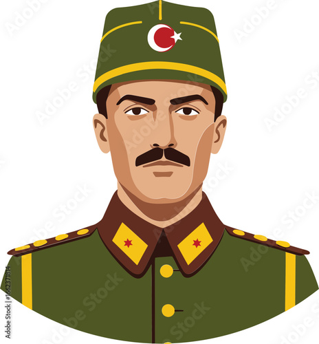 Ottoman soldier portrait wearing historic uniform with fez and mustache vector illustration