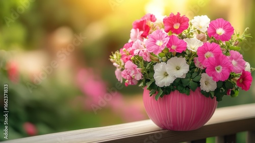 Wallpaper Mural A vibrant bouquet of petunias in a pink pot, sits on a wooden railing, bathed in warm sunlight Torontodigital.ca