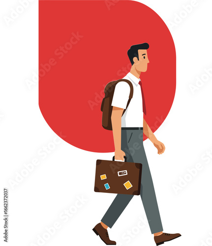 Young man walking with suitcase and backpack casual travel lifestyle vector illustration