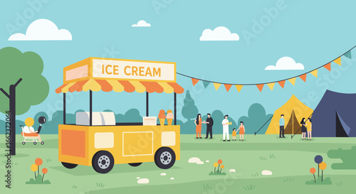 Ice cream cart event in a park fun gathering outdoor family celebration bright day. Vector illustration