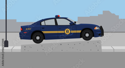 Police car jumping off concrete block urban setting cartoon style daytime action scene. Vector illustration
