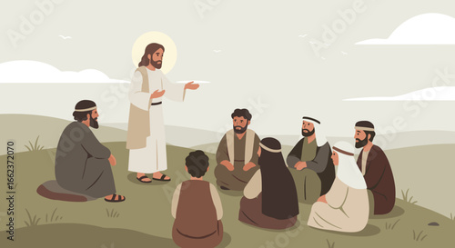 Teaching moments Jesus and his disciples on a serene hillside illustrative artwork peaceful setting inspirational view. Vector illustration