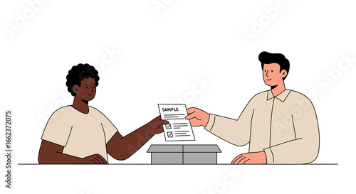 Document submission process two individuals engaging in paperwork office environment digital illustration. Vector illustration