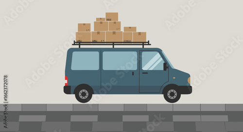 Delivery van transporting packages on road urban environment graphic illustration. Vector illustration