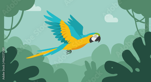 Vibrant parrot soaring through lush jungle digital illustration nature scene cartoon style. Vector illustration