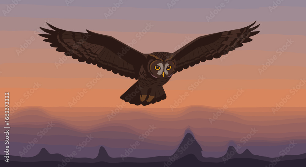 Fototapeta premium Majestic owl in flight at dusk wildlife scene digital art natural landscape aerial perspective. Vector illustration