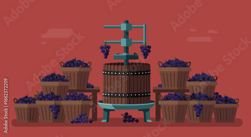 Grape harvesting event vineyard digital illustration rustic environment side view winemaking concept. Vector illustration