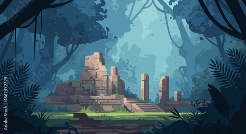 Ancient ruins exploration lush jungle digital artwork mysterious environment wide-angle view adventure concept. Vector illustration