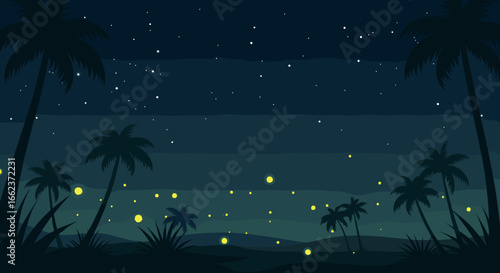 Captivating nighttime fireflies dance in tropical landscape nature scene enchanting environment. Vector illustration